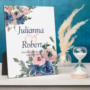 Rosa und blaue Wasserfarben-Blumen-Hochzeitstafel Fotoplatte