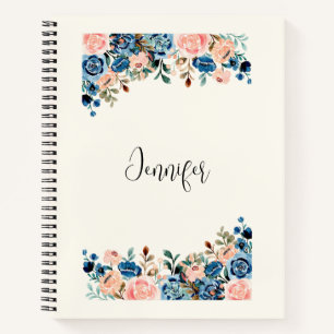 Rosa und blaue Wasserfarben-Blumen Notizbuch