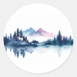 Rosa und blaue Wasserfarbenberge und dunkle Kiefer Runder Aufkleber