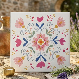 Rosa und blaue weiche botanische Folk-Art-Dekorati Fliese