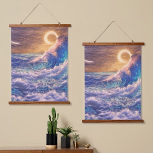 Rosa und blaue Wellen Goldener Horizont Wandteppich Mit Holzrahmen