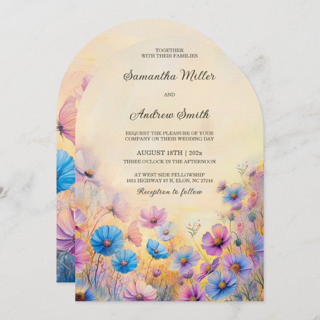 Rosa und blaue Wildblume Einladungen für Hochzeite (Vorne/Hinten)