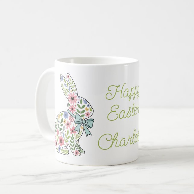 Rosa und blaue Wildblumen-Osterhasen Kaffeetasse (Vorderseite Links)