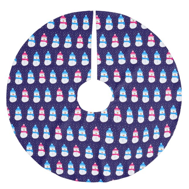 Rosa und blaue Winterschneemänner Polyester Weihnachtsbaumdecke (Vorderseite)