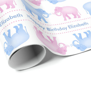 Rosa und blauer Elefant-Geburtstag oder Geschlecht Geschenkpapier