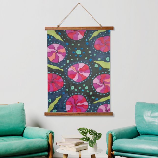 Rosa und blauer kosmischer Pop Wandteppich Mit Holzrahmen (Wohnzimmer)