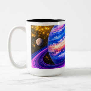 Rosa und blauer Planet mit Ringen Zweifarbige Tasse