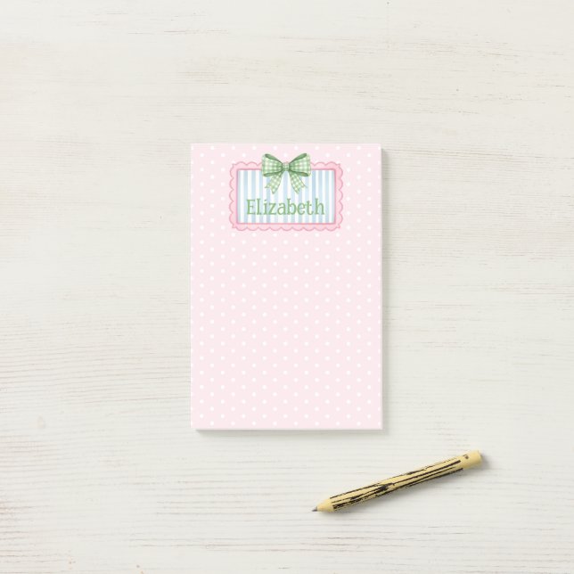Rosa und blauer Rahmen mit grüner Gingham-Schleife Post-it Klebezettel (Auf Schreibtisch)