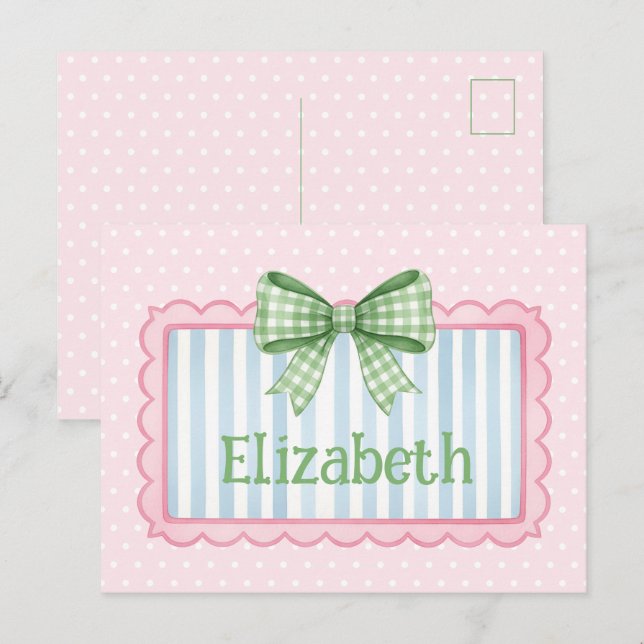 Rosa und blauer Rahmen mit grüner Gingham-Schleife Postkarte (Vorne/Hinten)