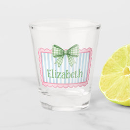 Rosa und blauer Rahmen mit grüner Gingham-Schleife Schnapsglas