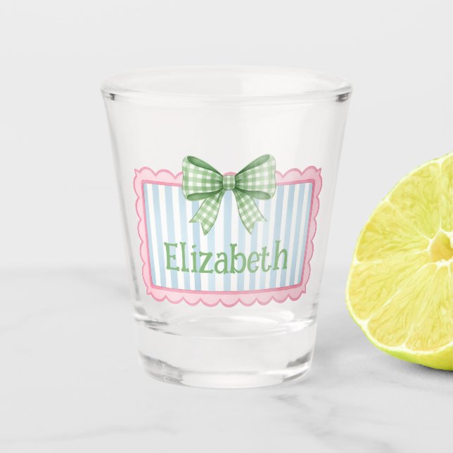 Rosa und blauer Rahmen mit grüner Gingham-Schleife Schnapsglas (Vorderseite)