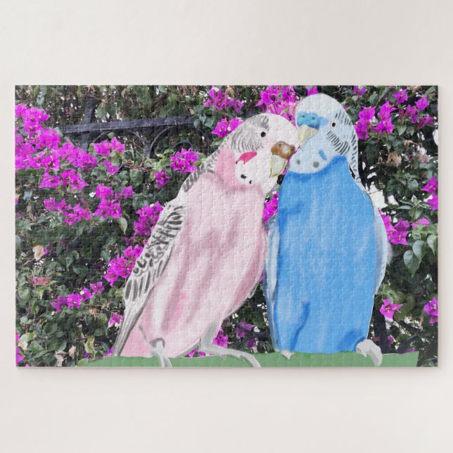 Rosa und blaues Budgie und Bouganvilla Puzzle (Horizontal)