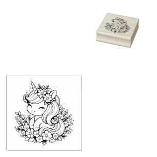 Rosa und blaues Einhorn und Blume Gummistempel
