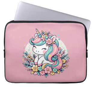 Rosa und blaues Einhorn und Blume Laptopschutzhülle