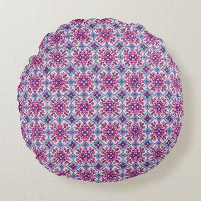 Rosa und blaues Fliesendesign Rundes Kissen (Vorderseite)