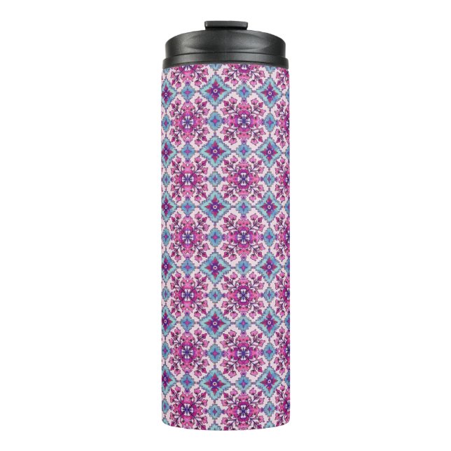 Rosa und blaues Fliesendesign Thermosbecher (Vorderseite)