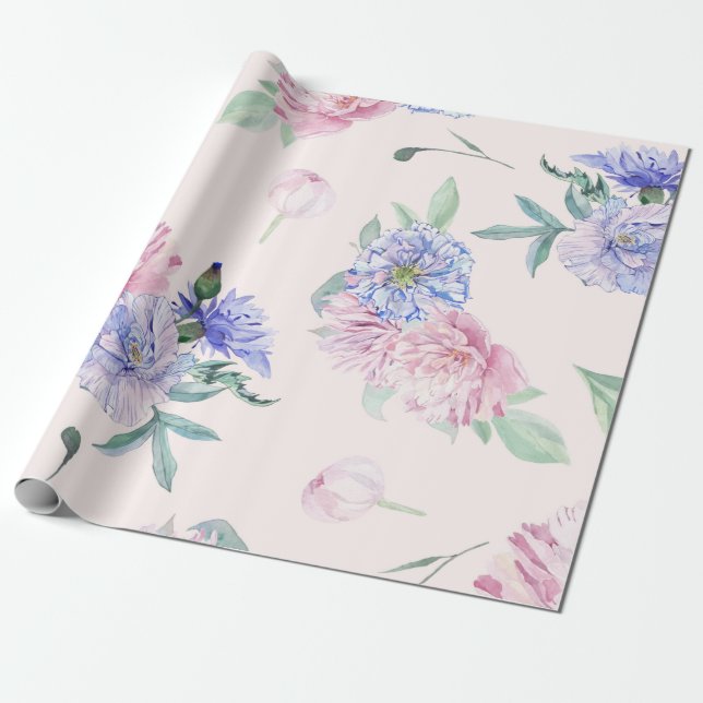 Rosa und blaues floral Wasserfarben-Erröten Geschenkpapier (Ungerollt)
