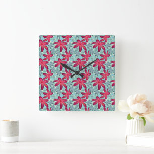 Rosa und blaues florales nahtloses Muster Quadratische Wanduhr