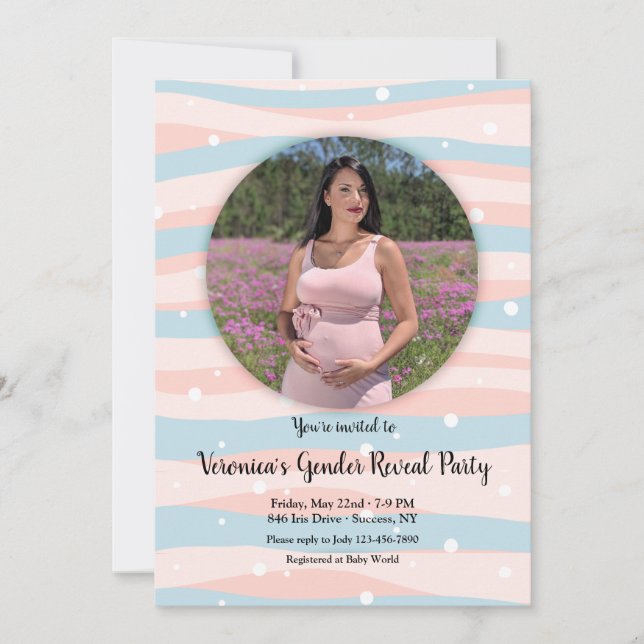 Rosa und blaues Foto Gender Reveal Party Einladung (Vorderseite)
