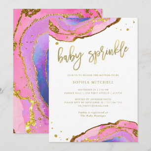 Rosa und blaues Geode mit Baby des Gold besprühen Einladung