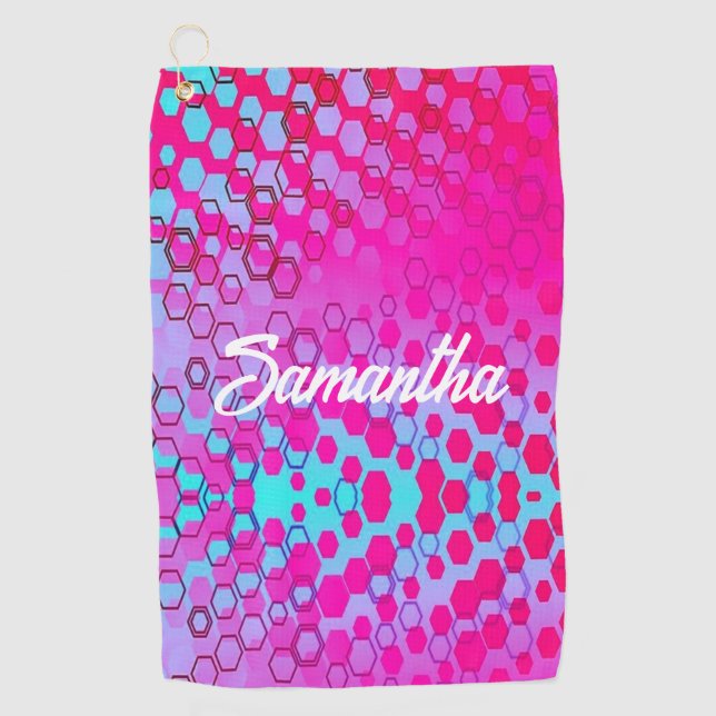 Rosa und blaues Hexagon-Muster Golfhandtuch (Vorderseite)