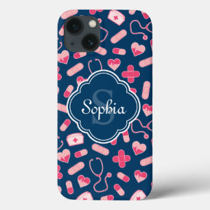 Rosa und blaues Krankenmuster mit Monogramm Case-Mate iPhone Hülle