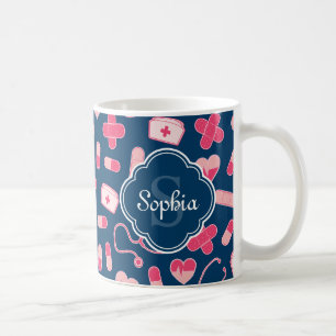 Rosa und blaues Krankenmuster mit Monogramm Kaffeetasse