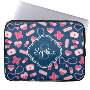 Rosa und blaues Krankenmuster mit Monogramm Laptopschutzhülle