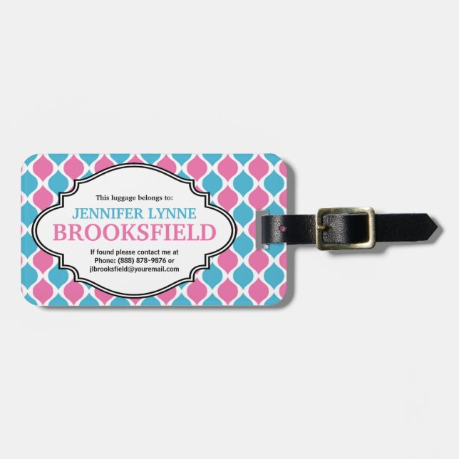 Rosa und blaues Mod-Retro Muster personalisiert Gepäckanhänger (Vorderseite horizontal)