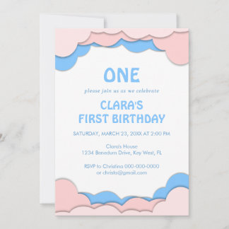 Rosa und blaues Papier schneiden ersten Geburtstag Einladung