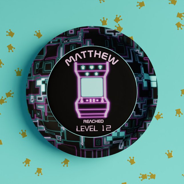 Rosa und blaues Retro-Arcade-Videospiel Pappteller (Pink and Blue Retro Arcade Video Game Paper Plates)