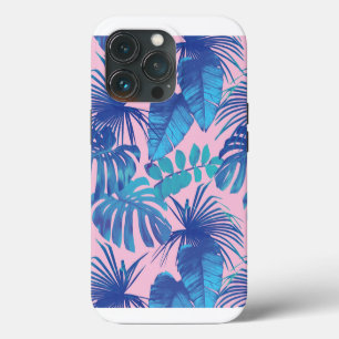 Rosa und blaues tropisches Blattwerk personalisier iPhone 13 Pro Hülle