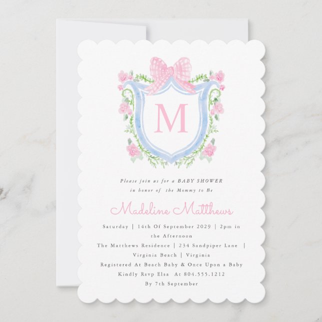 Rosa und blaues Wappen Kinderdusche Einladung (Vorderseite)