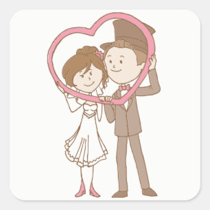 Rosa und braun Cartoon Braut & Groom Wedding Quadratischer Aufkleber