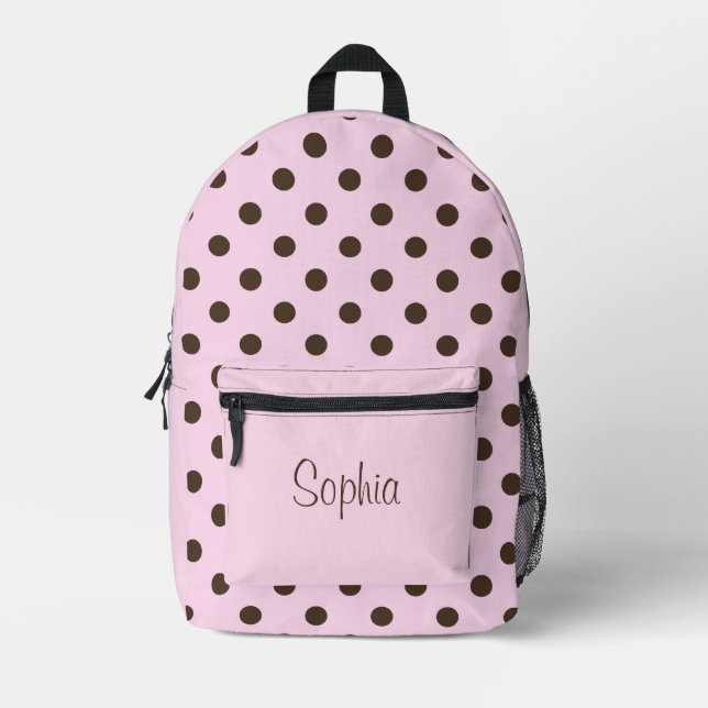 Rosa und braun gepunkteter Rucksack mit personalis (Vorderseite)