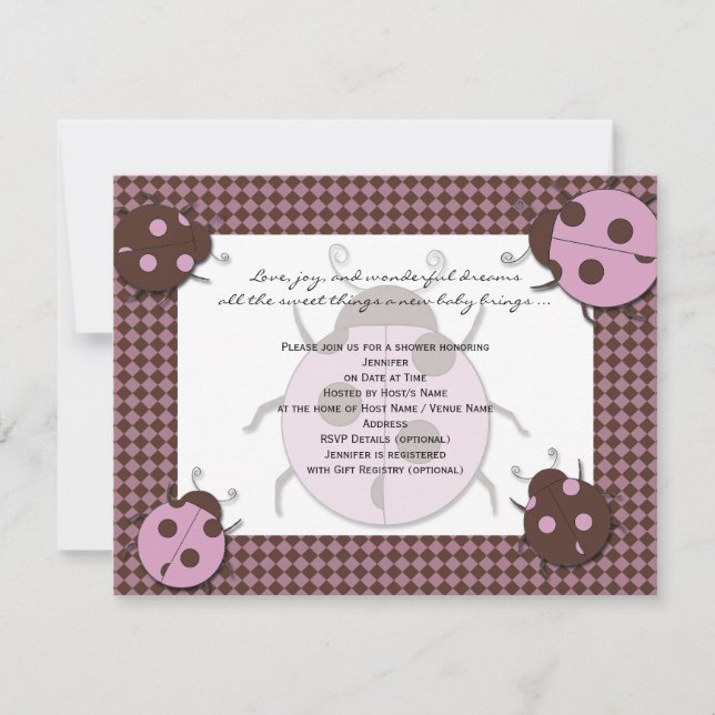 Rosa und Braun Ladybug Babydusche Einladung (Vorderseite)