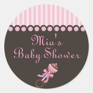 Rosa und braun - Rassel-Design - Baby Shower Aufkl Runder Aufkleber