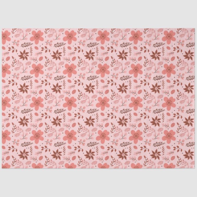 Rosa und braune Blätter mit Blumenmuster Weihnacht Seidenpapier (Vorderseite)