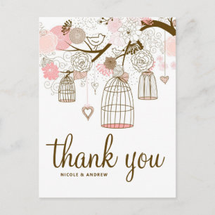 Rosa und braune Blumen & Vogelkäfige Dankeskarten Postkarte