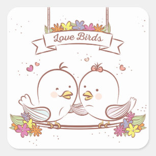 Rosa und braune Liebesvögel Hochzeitsliebe Quadratischer Aufkleber