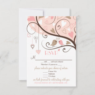Rosa und braune Liebesvögel RSVP Hochzeitskarte Karte