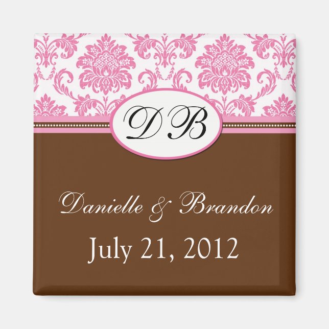 Rosa und braune Monogram Damask Hochzeitsmagazin Magnet (Vorne)