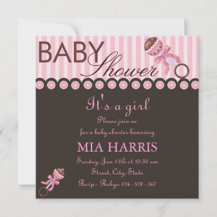 Rosa und braune Rassel-Design-Baby-Party-Einladung Einladung