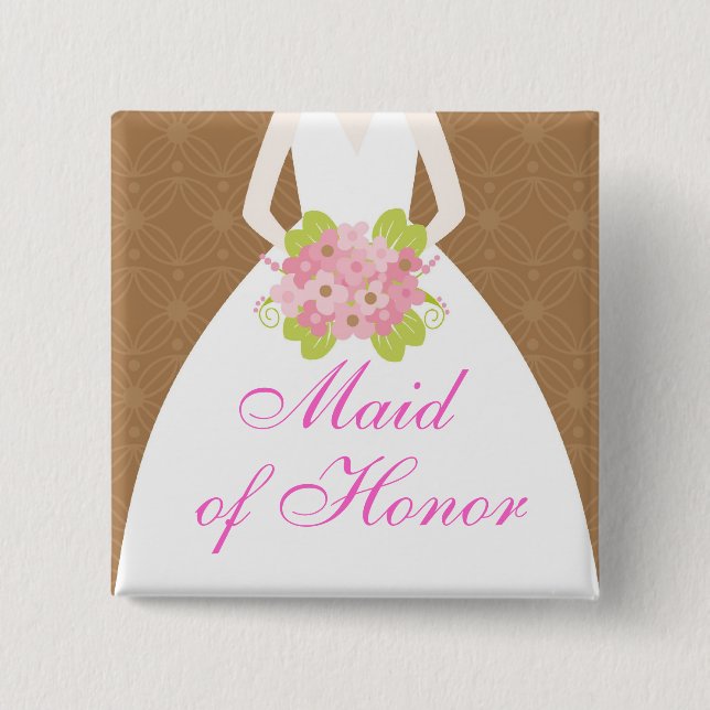 Rosa und braunes Hochzeitskleid Brautparty Button (Vorderseite)