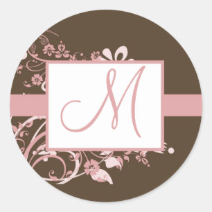 Rosa und Brown-Monogramm-Hochzeits-Aufkleber Runder Aufkleber