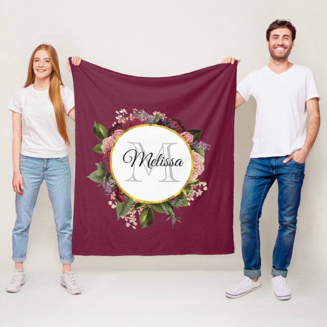 Rosa und Burgund Florals Monogram Fleecedecke (Beispiel)