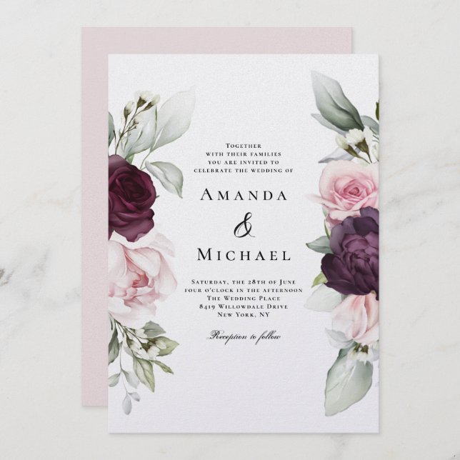 Rosa und Burgund Romantische Blumenhochzeit Einladung (Vorne/Hinten)