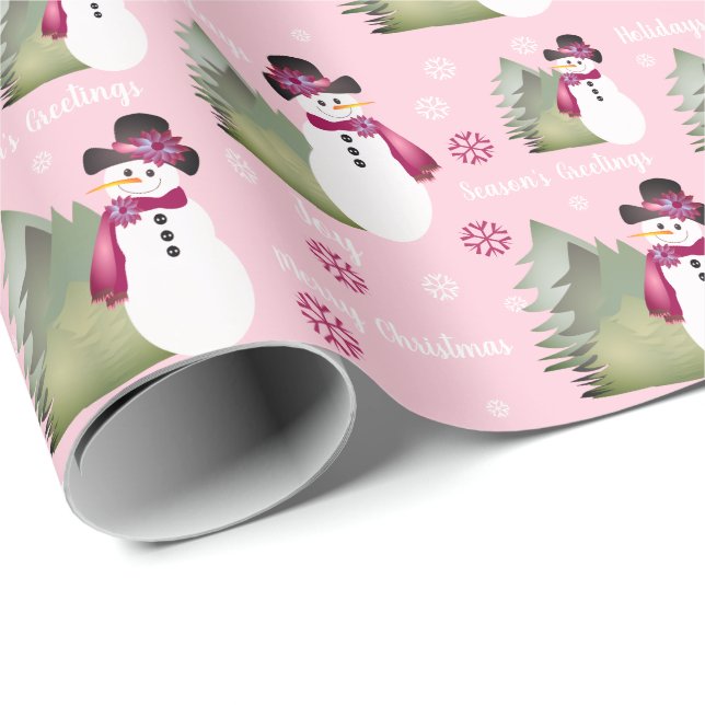 Rosa und Burgund Snowman Geschenkpapier (Rolleneckpunkt)