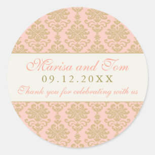 Rosa und Champagner Damask Wedding Monogram Runder Aufkleber