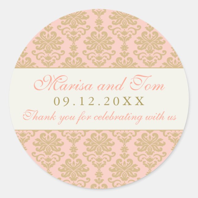 Rosa und Champagner Damask Wedding Monogram Runder Aufkleber (Vorderseite)